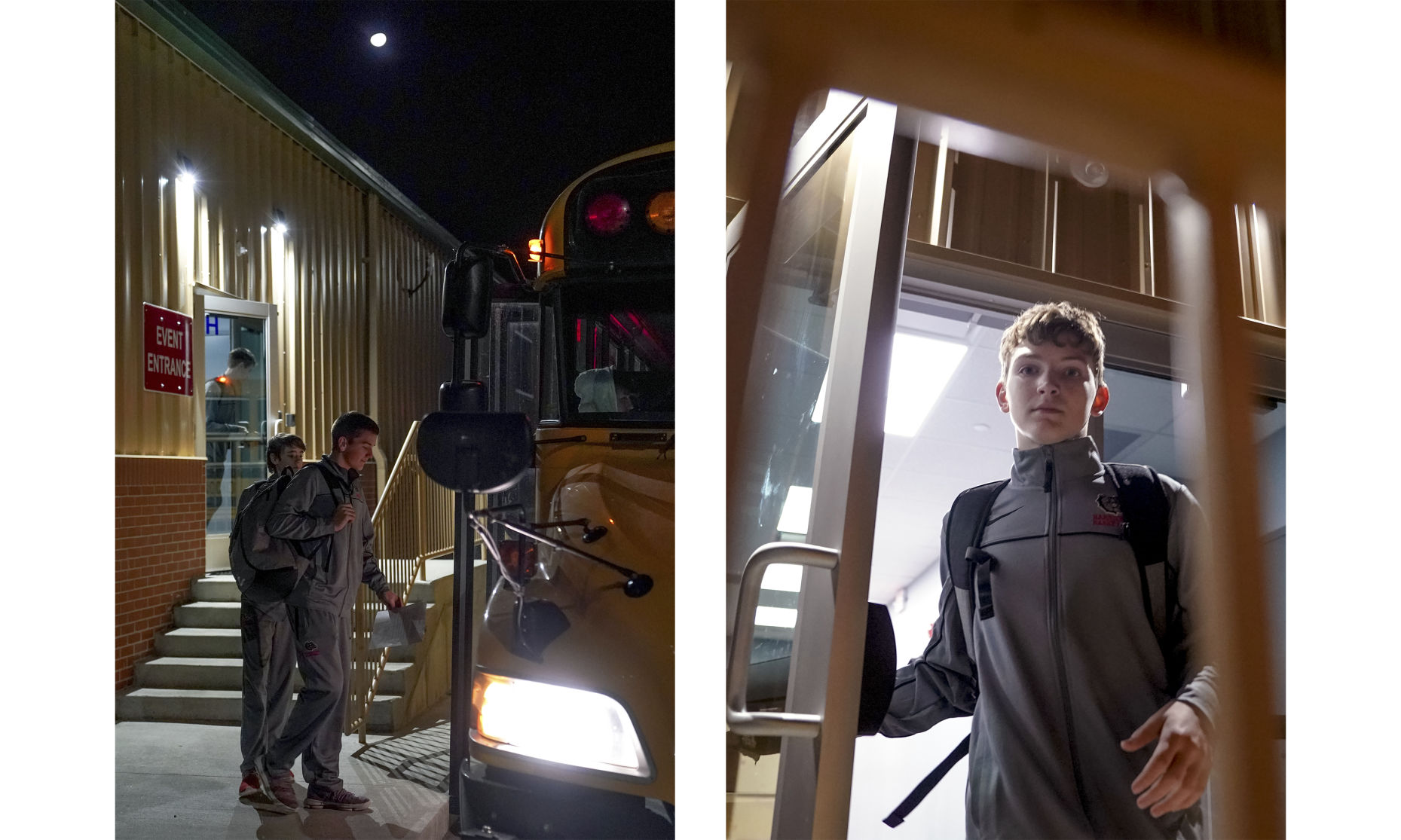 Harrisburg Bulldogs leave Harrisburg High School's gym and enter a school bus